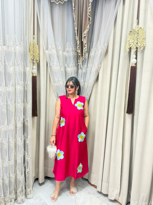 Premium Cotton Silk Flower Embroidery Dress with Attached Sleeves