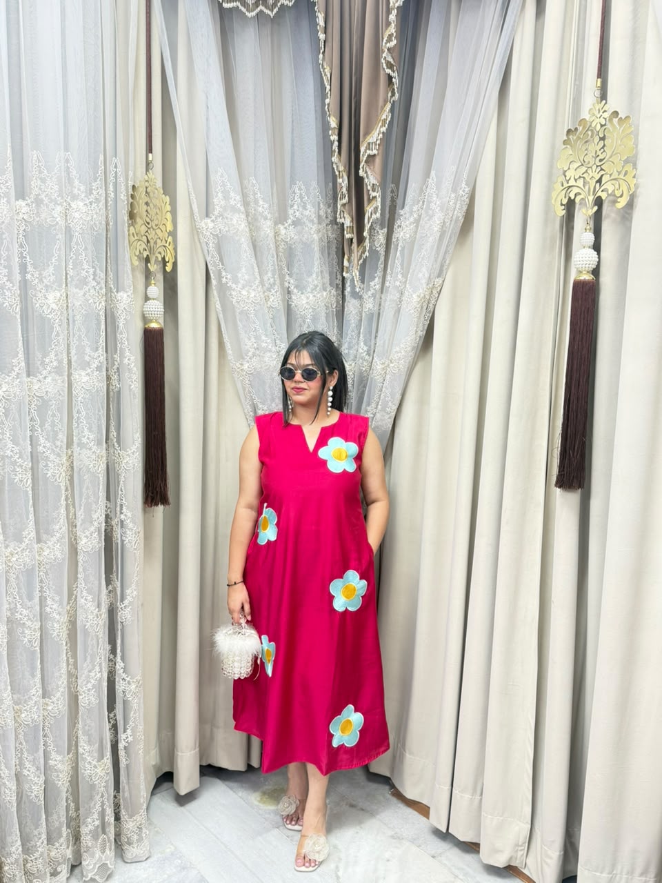 Premium Cotton Silk Flower Embroidery Dress with Attached Sleeves