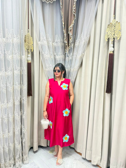 Premium Cotton Silk Flower Embroidery Dress with Attached Sleeves
