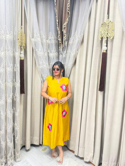 Premium Cotton Silk Flower Embroidery Dress with Attached Sleeves