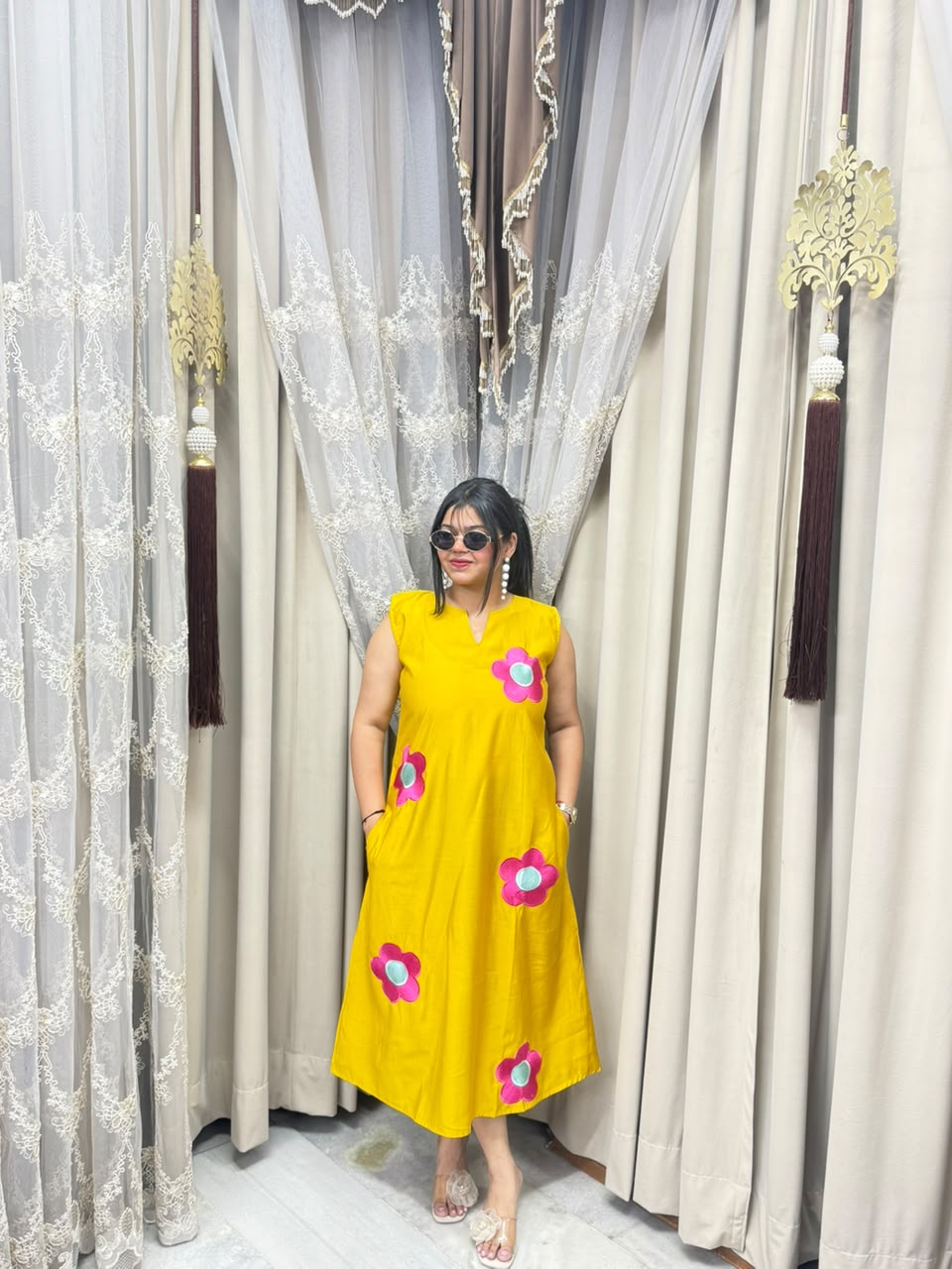 Premium Cotton Silk Flower Embroidery Dress with Attached Sleeves
