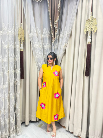 Premium Cotton Silk Flower Embroidery Dress with Attached Sleeves