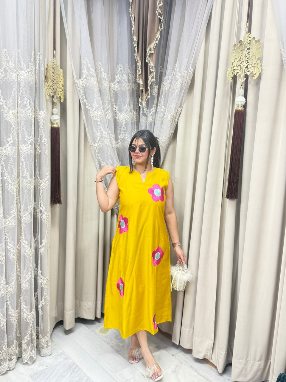 Premium Cotton Silk Flower Embroidery Dress with Attached Sleeves
