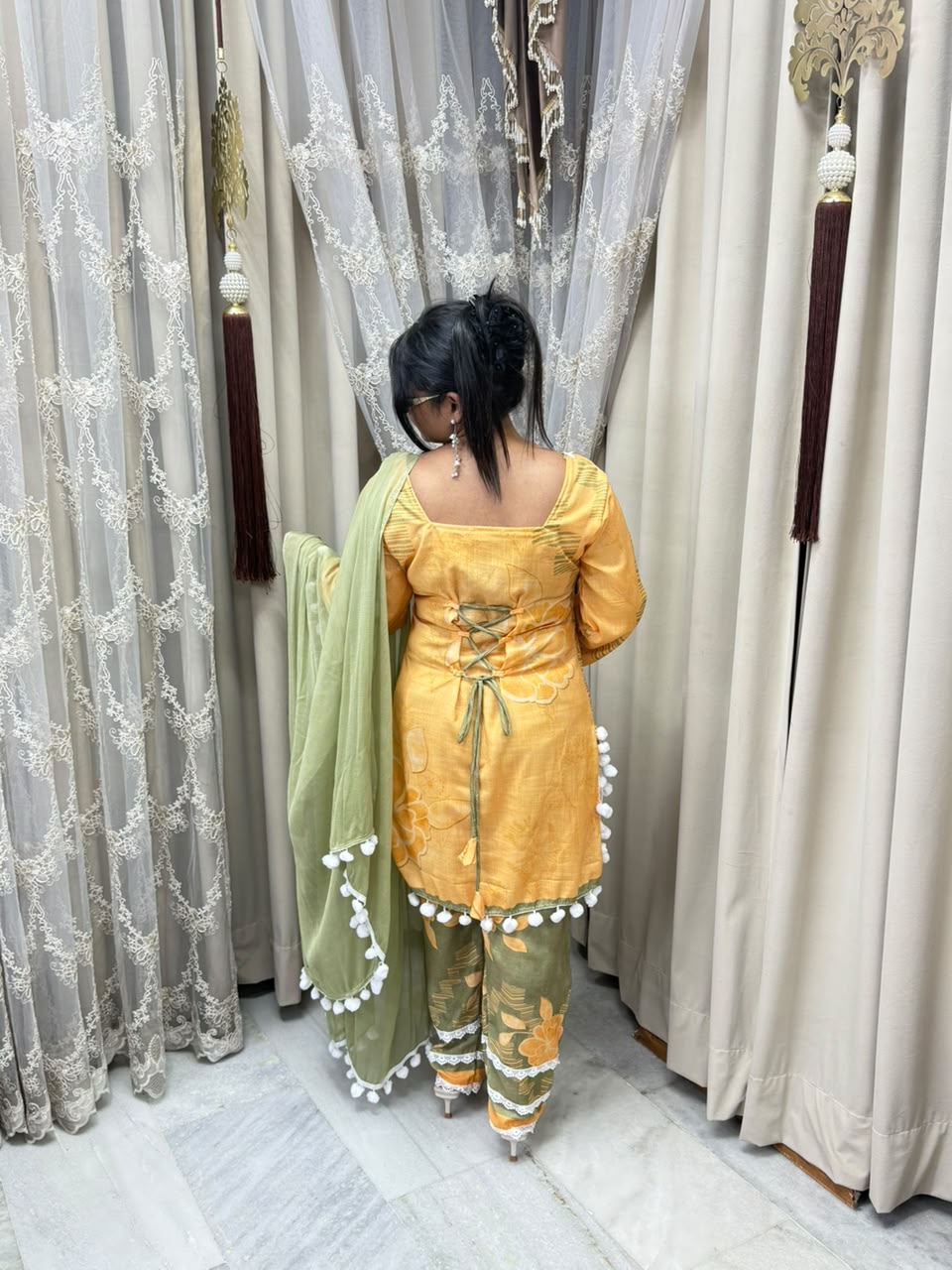 Premium Linen Cotton Taj Pom-Pom Suit with Corset-Style