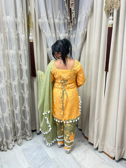 Premium Linen Cotton Taj Pom-Pom Suit with Corset-Style