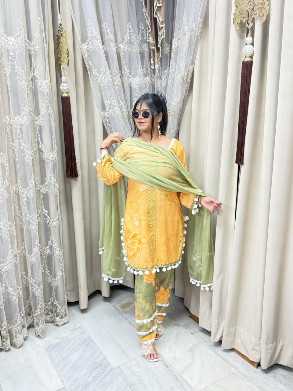 Premium Linen Cotton Taj Pom-Pom Suit with Corset-Style