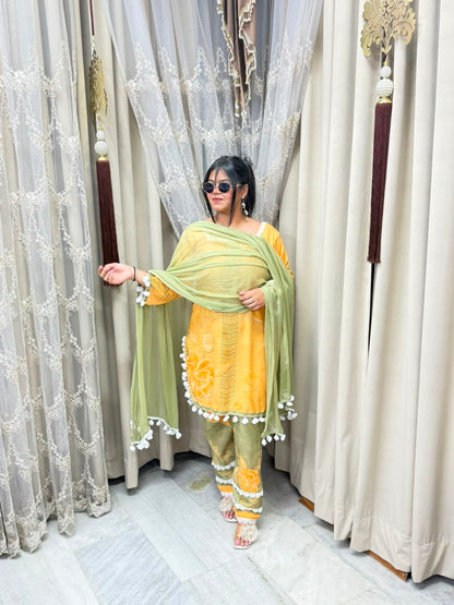 Premium Linen Cotton Taj Pom-Pom Suit with Corset-Style