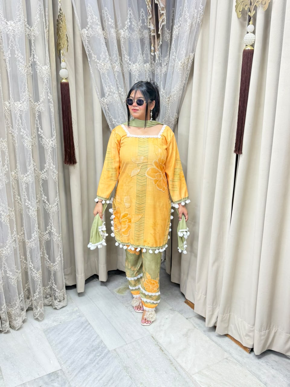 Premium Linen Cotton Taj Pom-Pom Suit with Corset-Style