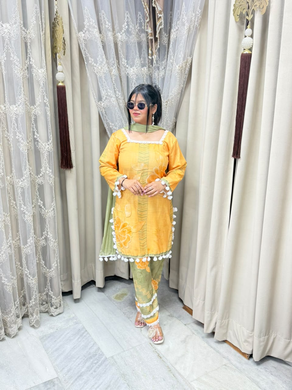 Premium Linen Cotton Taj Pom-Pom Suit with Corset-Style