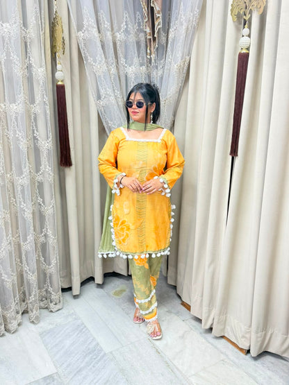 Premium Linen Cotton Taj Pom-Pom Suit with Corset-Style