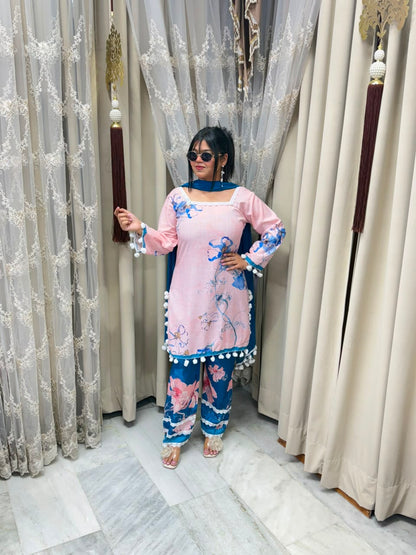 Premium Linen Cotton Taj Pom-Pom Suit with Corset-Style