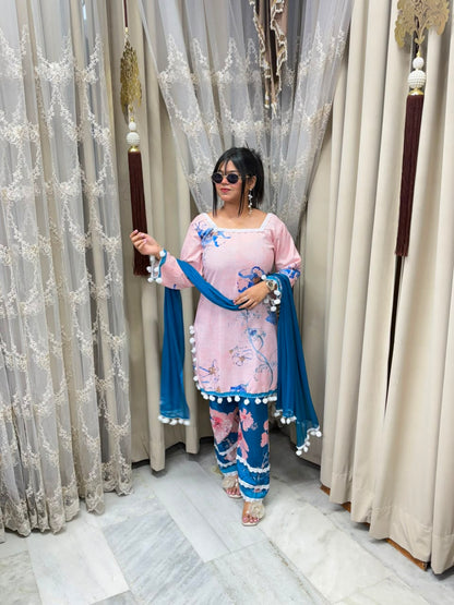Premium Linen Cotton Taj Pom-Pom Suit with Corset-Style