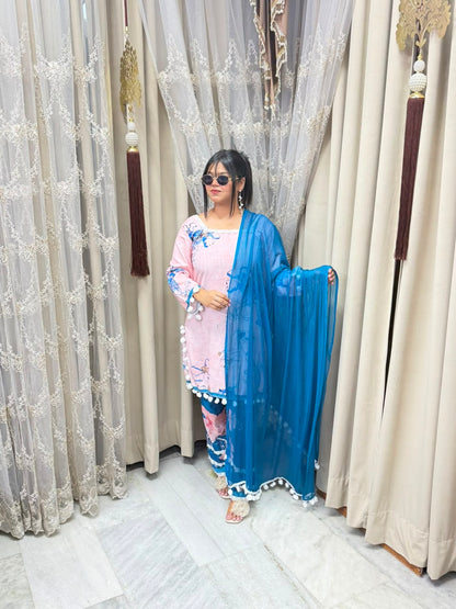 Premium Linen Cotton Taj Pom-Pom Suit with Corset-Style