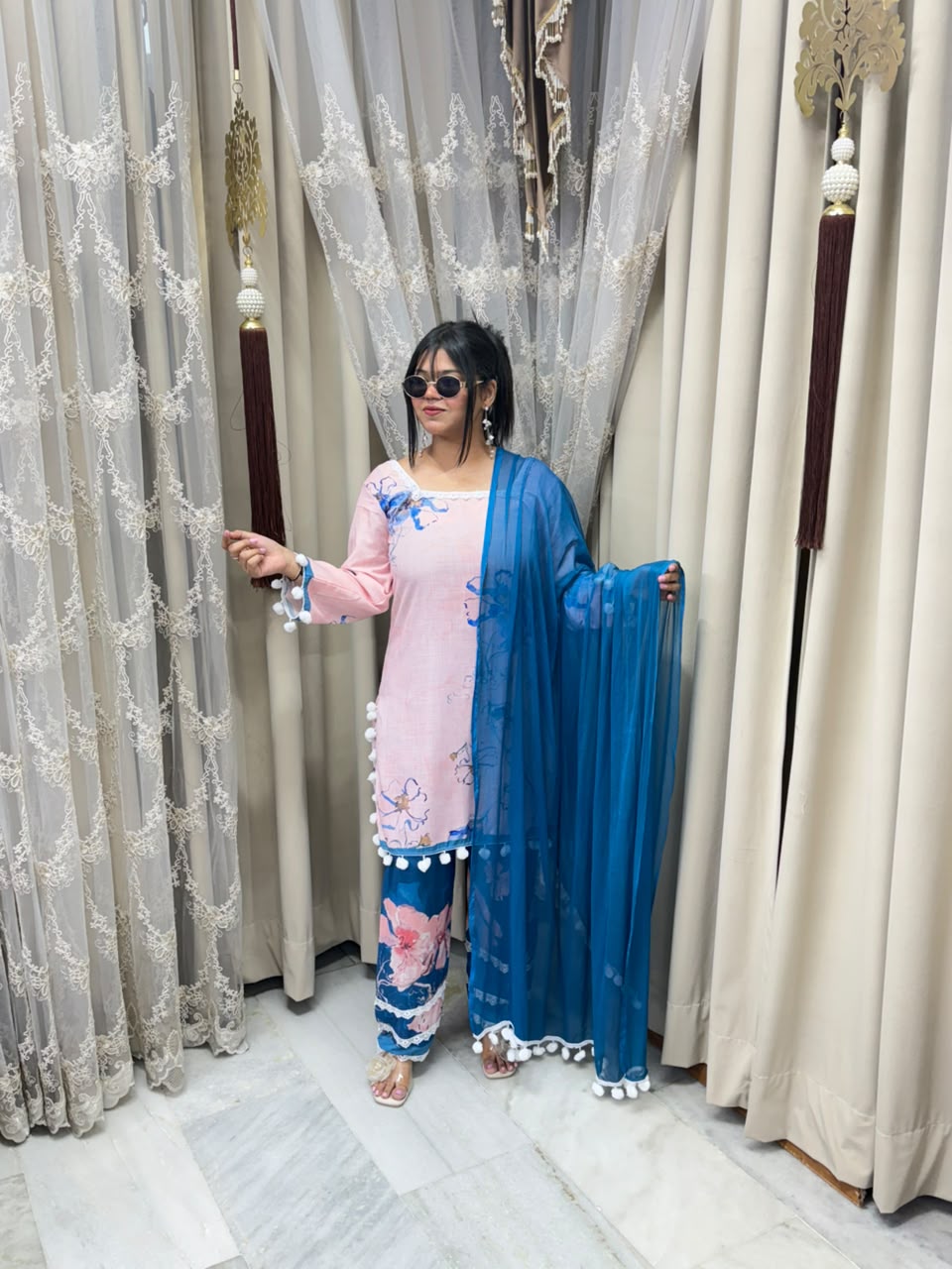 Premium Linen Cotton Taj Pom-Pom Suit with Corset-Style
