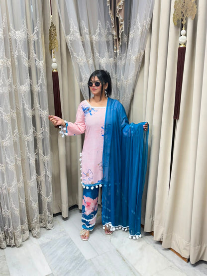 Premium Linen Cotton Taj Pom-Pom Suit with Corset-Style