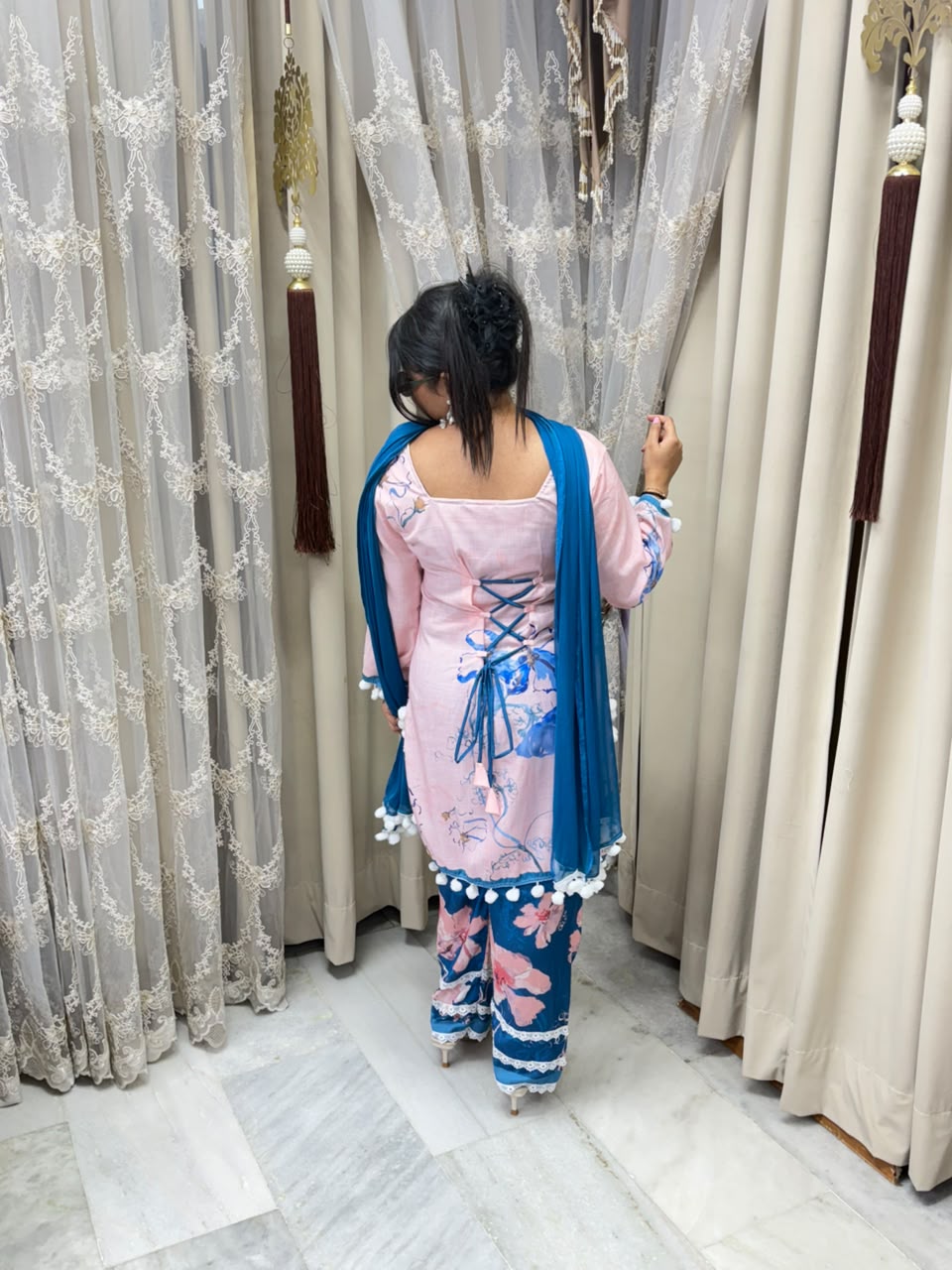 Premium Linen Cotton Taj Pom-Pom Suit with Corset-Style
