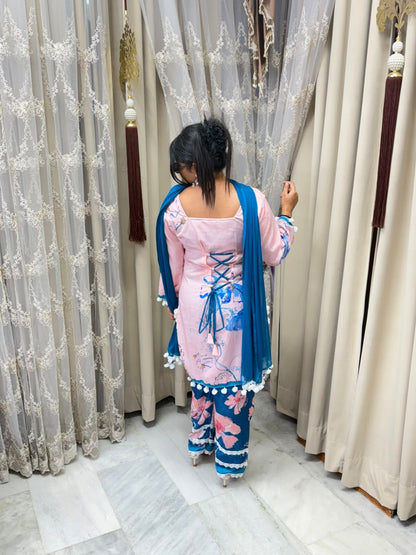 Premium Linen Cotton Taj Pom-Pom Suit with Corset-Style