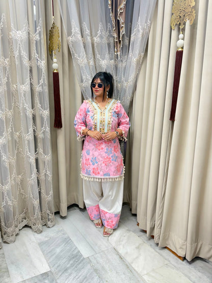 Premium Pure Cotton Bulbul Farshi Co-ord Set with Mirror Work