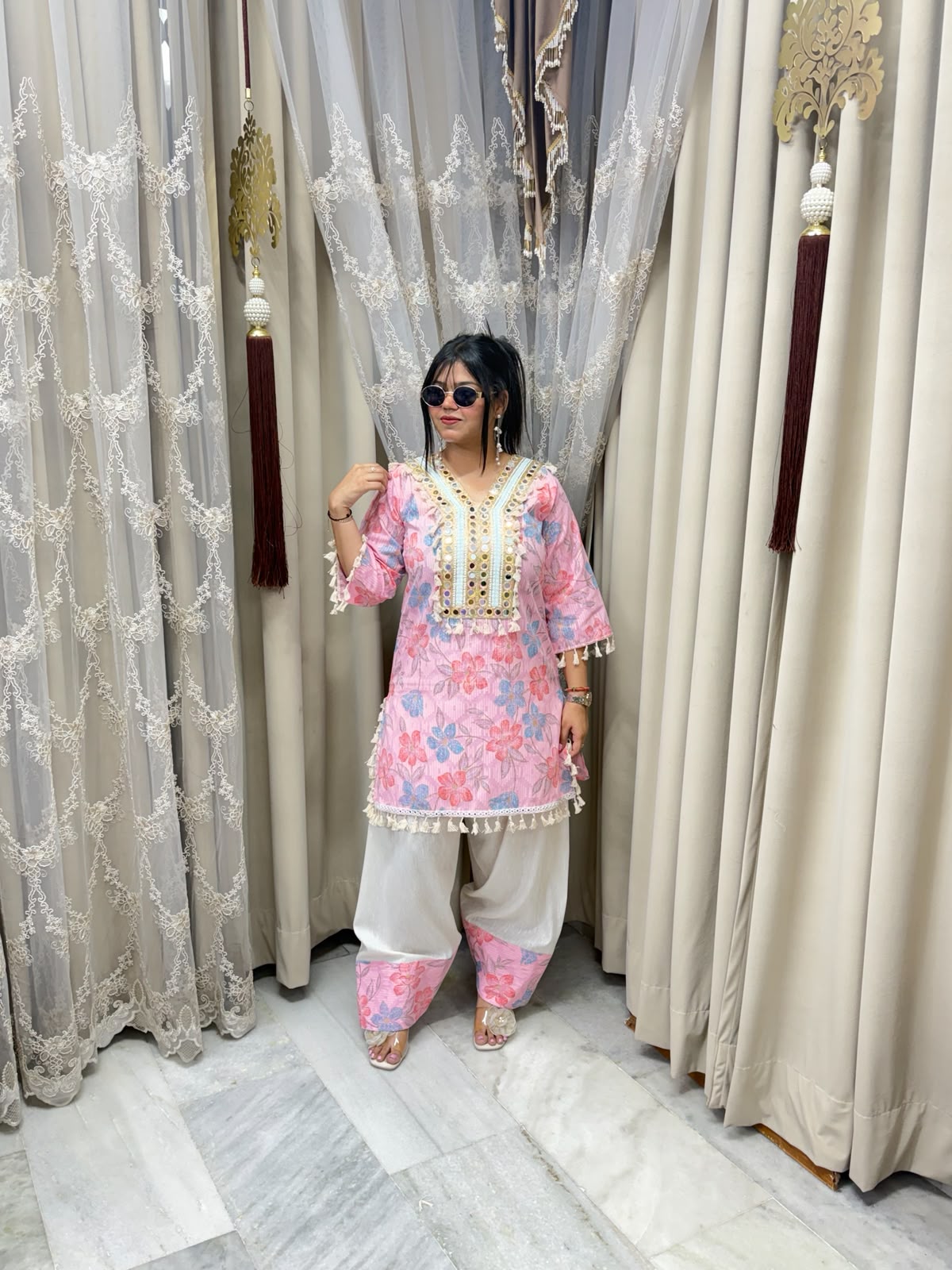 Premium Pure Cotton Bulbul Farshi Co-ord Set with Mirror Work