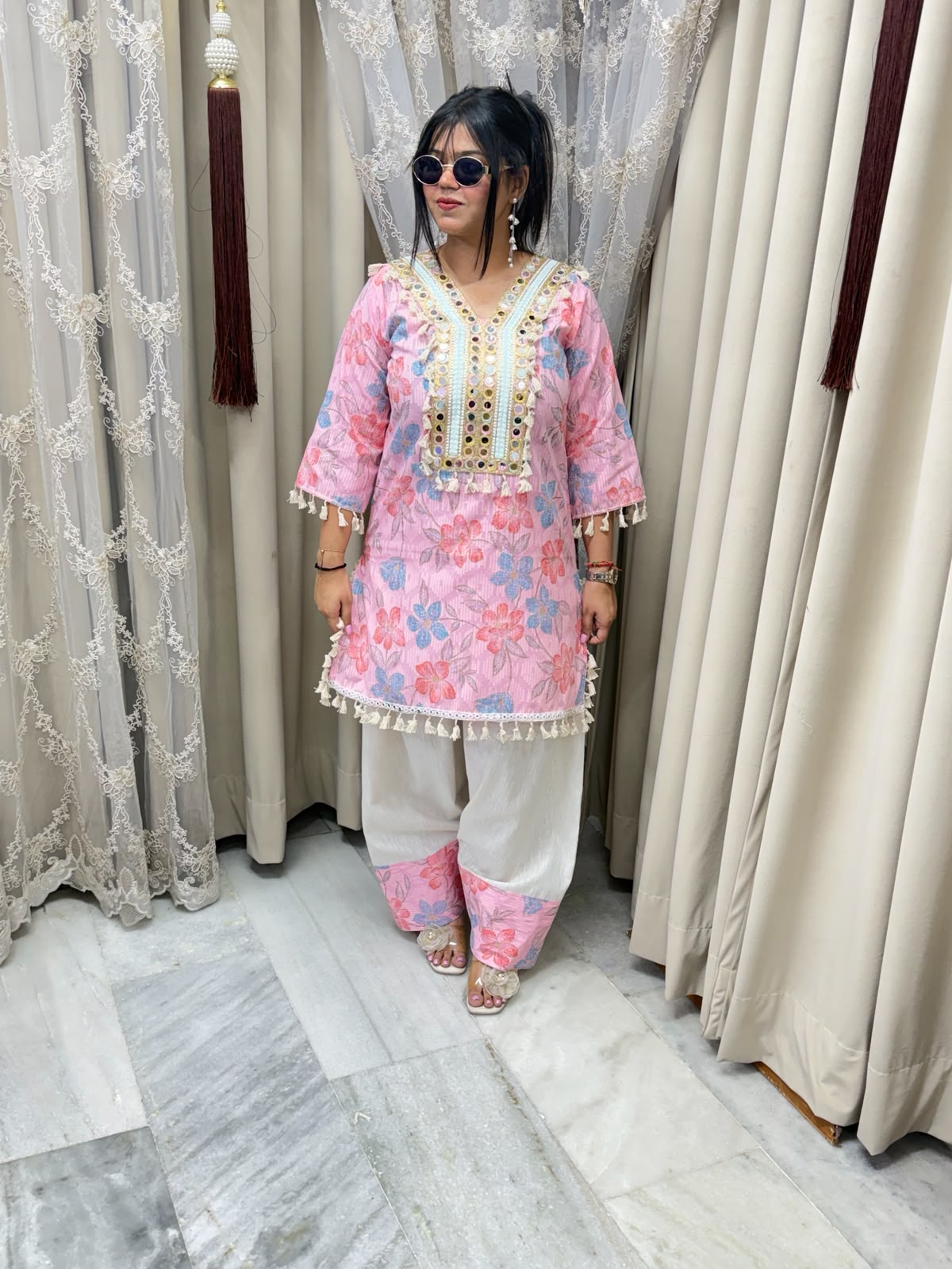 Premium Pure Cotton Bulbul Farshi Co-ord Set with Mirror Work