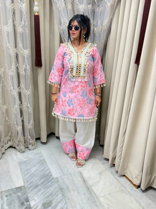 Premium Pure Cotton Bulbul Farshi Co-ord Set with Mirror Work