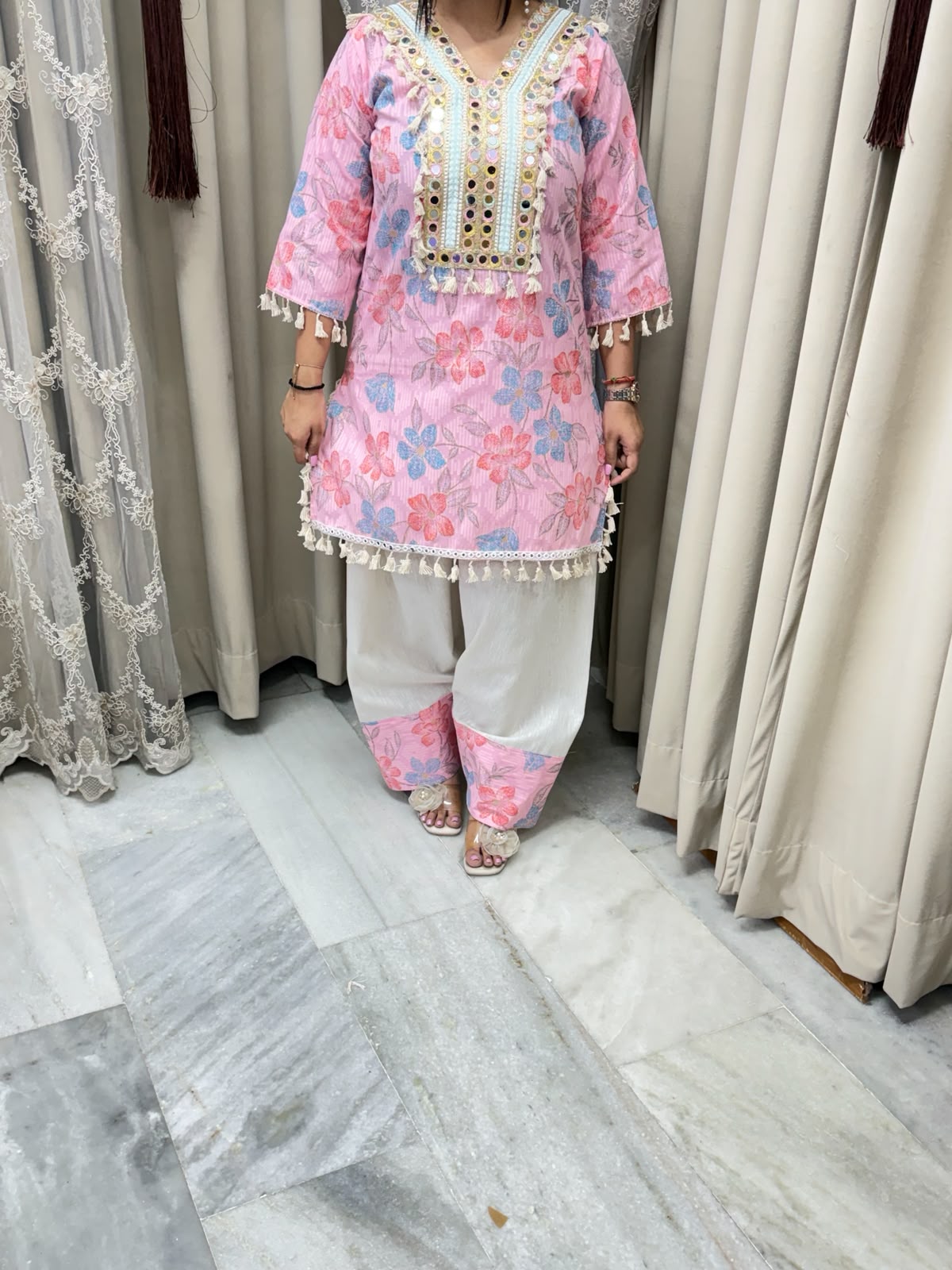 Premium Pure Cotton Bulbul Farshi Co-ord Set with Mirror Work