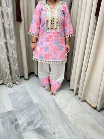 Premium Pure Cotton Bulbul Farshi Co-ord Set with Mirror Work