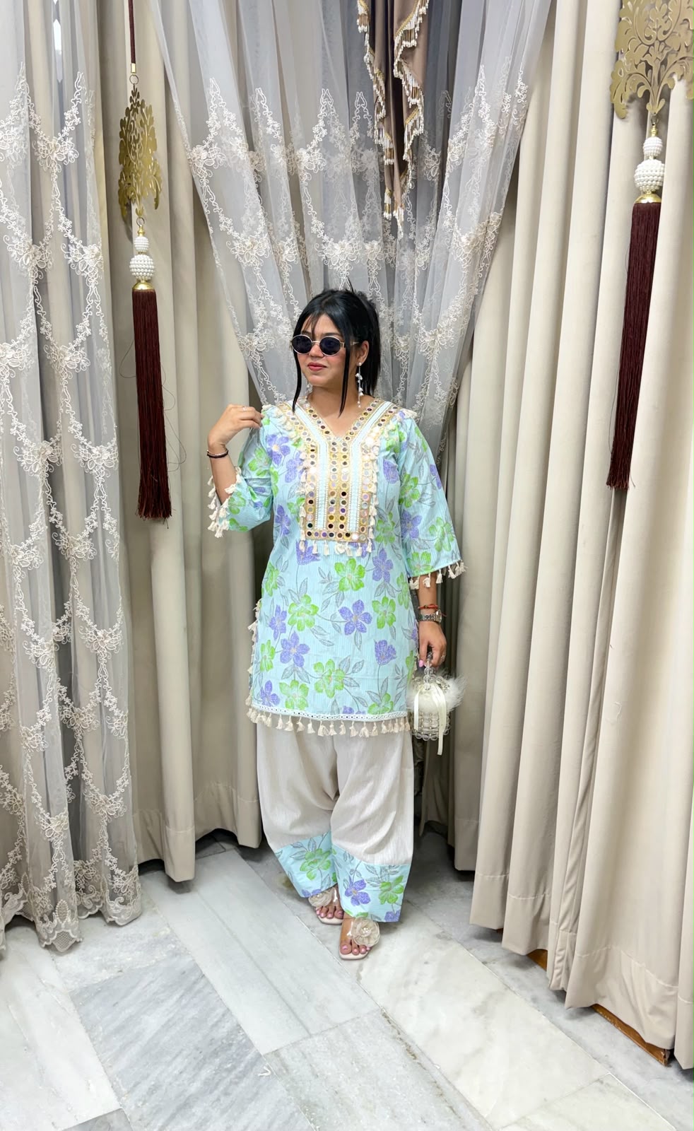 Premium Pure Cotton Bulbul Farshi Co-ord Set with Mirror Work