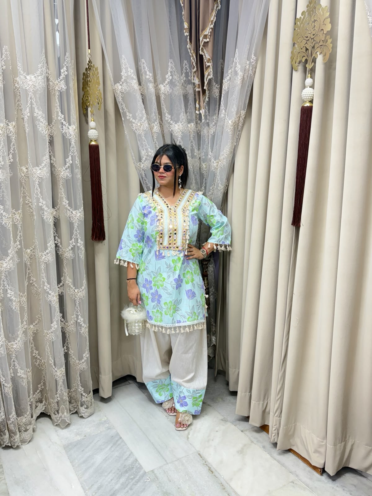 Premium Pure Cotton Bulbul Farshi Co-ord Set with Mirror Work
