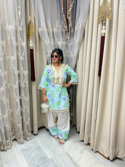 Premium Pure Cotton Bulbul Farshi Co-ord Set with Mirror Work