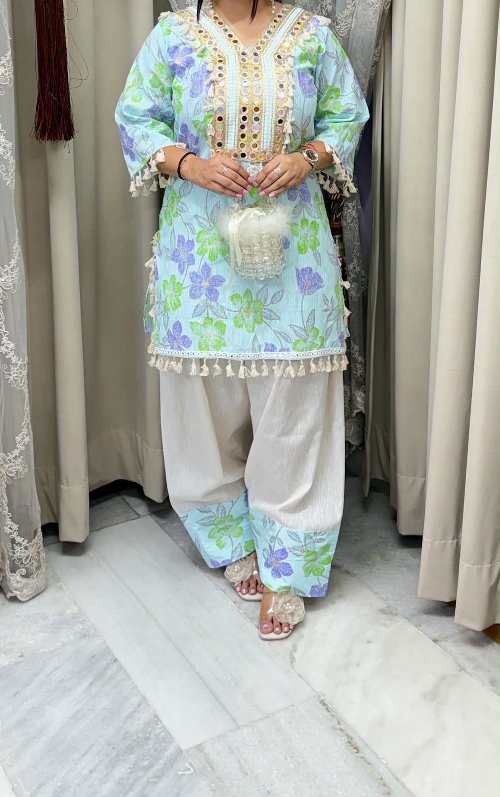 Premium Pure Cotton Bulbul Farshi Co-ord Set with Mirror Work