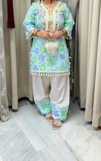 Premium Pure Cotton Bulbul Farshi Co-ord Set with Mirror Work