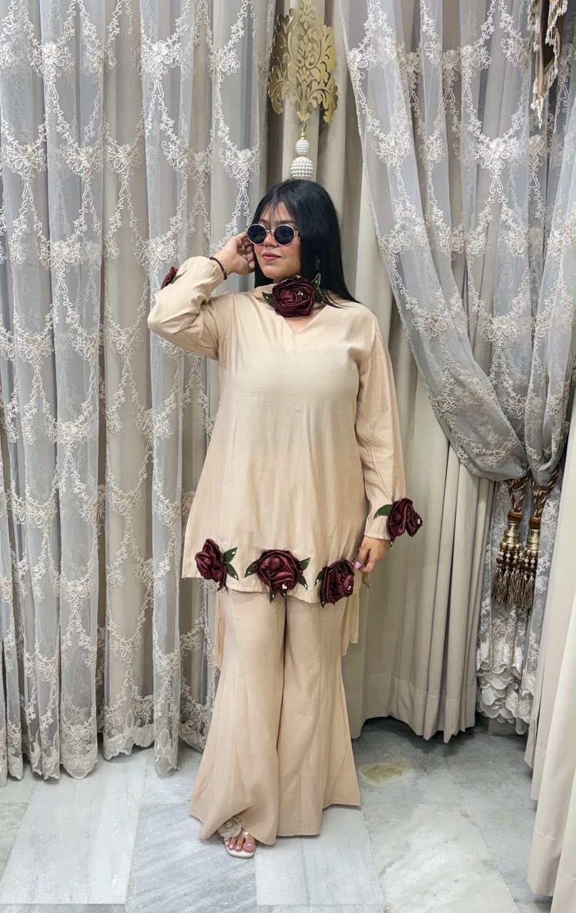 Luxury Cotton Silk Designer Roses Co-ord Set with Statement 3D Rose Patches