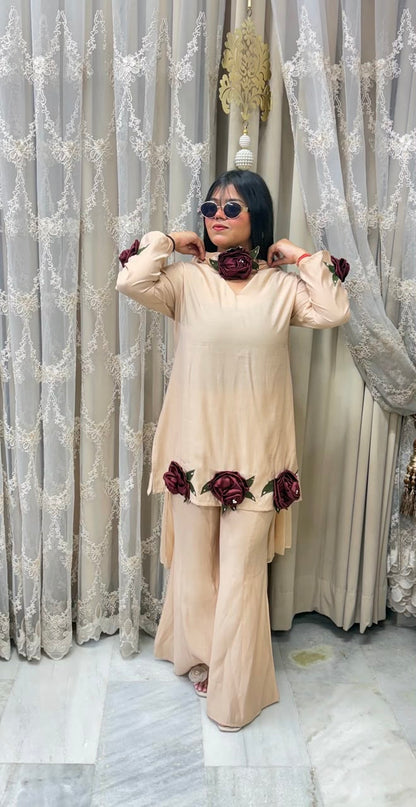 Luxury Cotton Silk Designer Roses Co-ord Set with Statement 3D Rose Patches