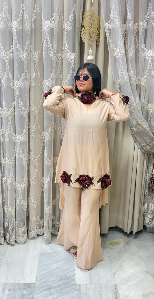 Luxury Cotton Silk Designer Roses Co-ord Set with Statement 3D Rose Patches