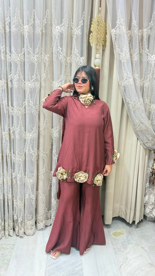 Luxury Cotton Silk Designer Roses Co-ord Set with Statement 3D Rose Patches