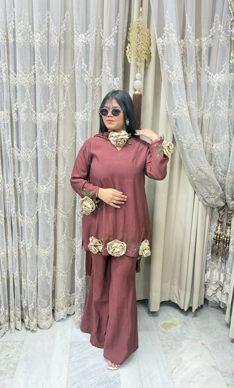 Luxury Cotton Silk Designer Roses Co-ord Set with Statement 3D Rose Patches