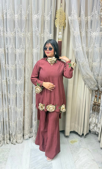 Luxury Cotton Silk Designer Roses Co-ord Set with Statement 3D Rose Patches