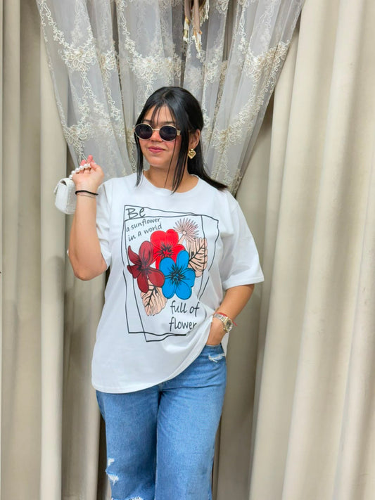 Premium Women's White Oversized T-Shirt | "Be a Sunflower" Floral Graphic Print Tee - Pure Cotton Hosiery