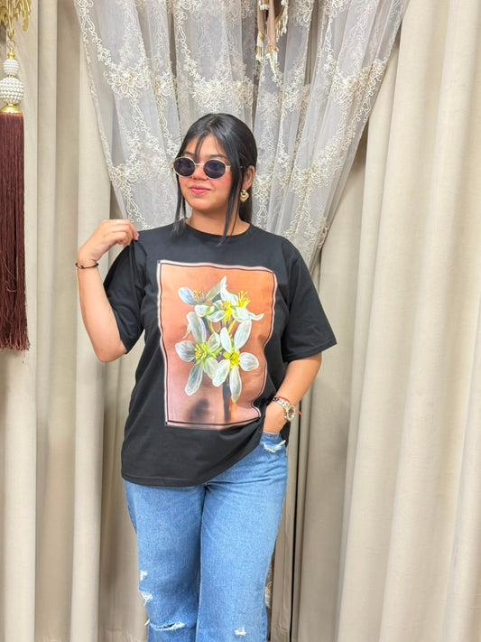 Premium Women's Black Oversized T-Shirt | Vintage Floral Aesthetic Graphic Print Tee - Pure Cotton Hosiery