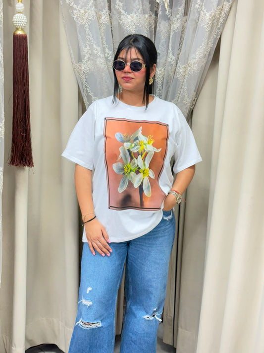 Premium Women's White Oversized T-Shirt | Vintage Floral Aesthetic Graphic Print Tee - Pure Cotton Hosiery