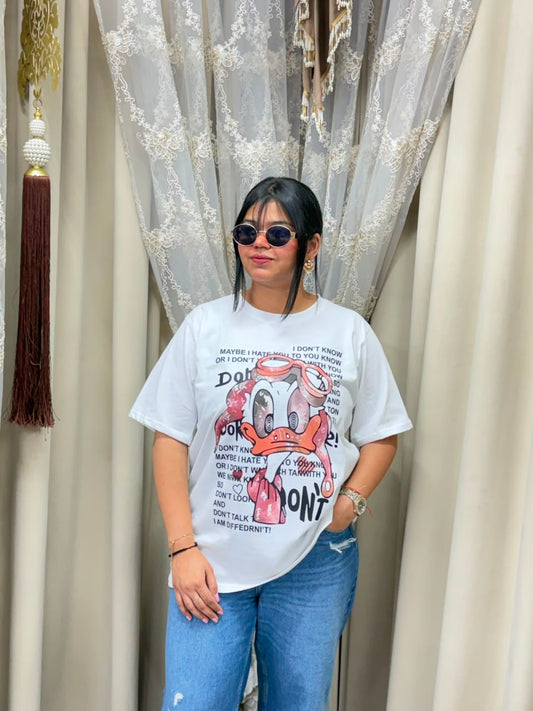Premium Women's White Oversized T-Shirt | Quirky Donald Duck Typography Cartoon Graphic Tee - Pure Cotton Hosiery