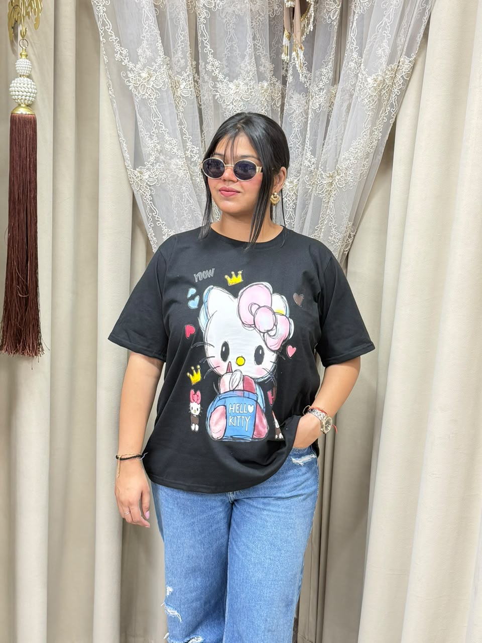 Premium Women's Black Oversized T-Shirt | Cute Hello Kitty Cartoon Graphic Print Tee - Pure Cotton Hosiery