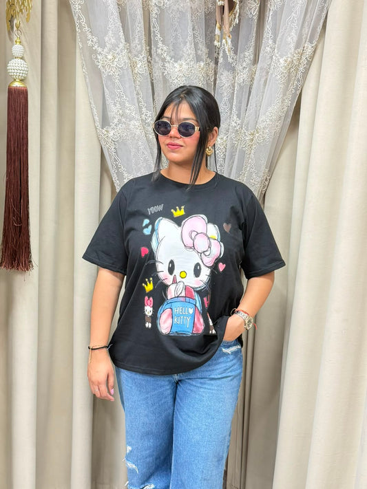 Premium Women's Black Oversized T-Shirt | Cute Hello Kitty Cartoon Graphic Print Tee - Pure Cotton Hosiery