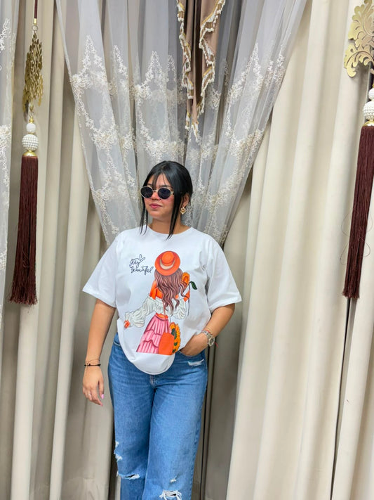 Premium Women's White Oversized T-Shirt | Chic "Stay Beautiful" Girl Graphic Print Tee - Pure Cotton Hosiery