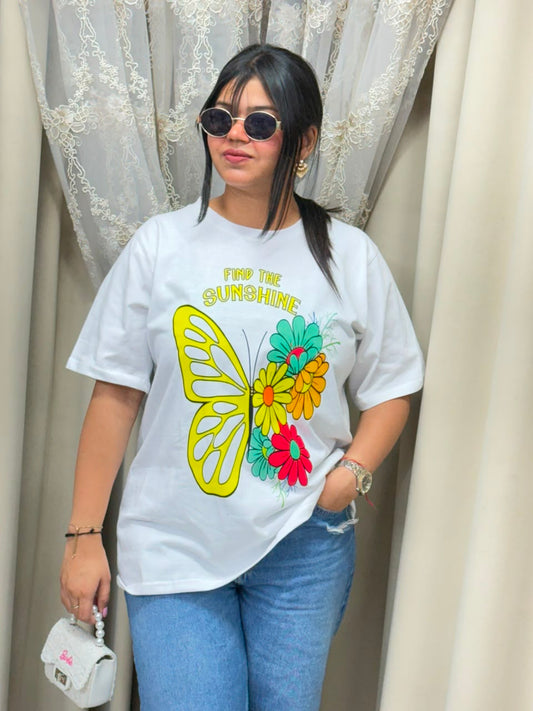 Premium Women's White Oversized T-Shirt | Colorful Butterfly "Find The Sunshine" Graphic Tee - Pure Cotton Hosiery