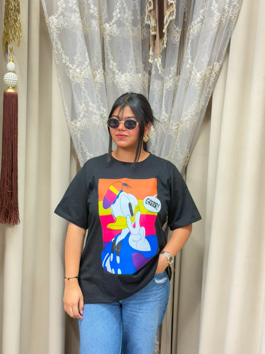 Premium Women's Black Oversized T-Shirt | Retro Donald Duck Pop Art Cartoon Graphic Tee - Pure Cotton Hosiery