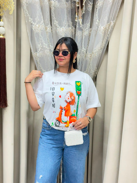 Premium Women's White Oversized T-Shirt | Cute Kawaii Anime Scooter Girl Graphic Tee - Pure Cotton Hosiery