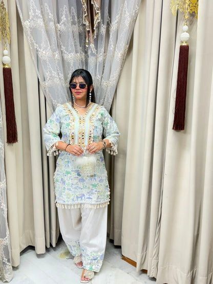 The Farshi Co-ord Set | Premium Heavy Mirror Work Khadi Cotton Fusion Set