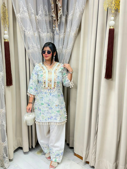 The Farshi Co-ord Set | Premium Heavy Mirror Work Khadi Cotton Fusion Set